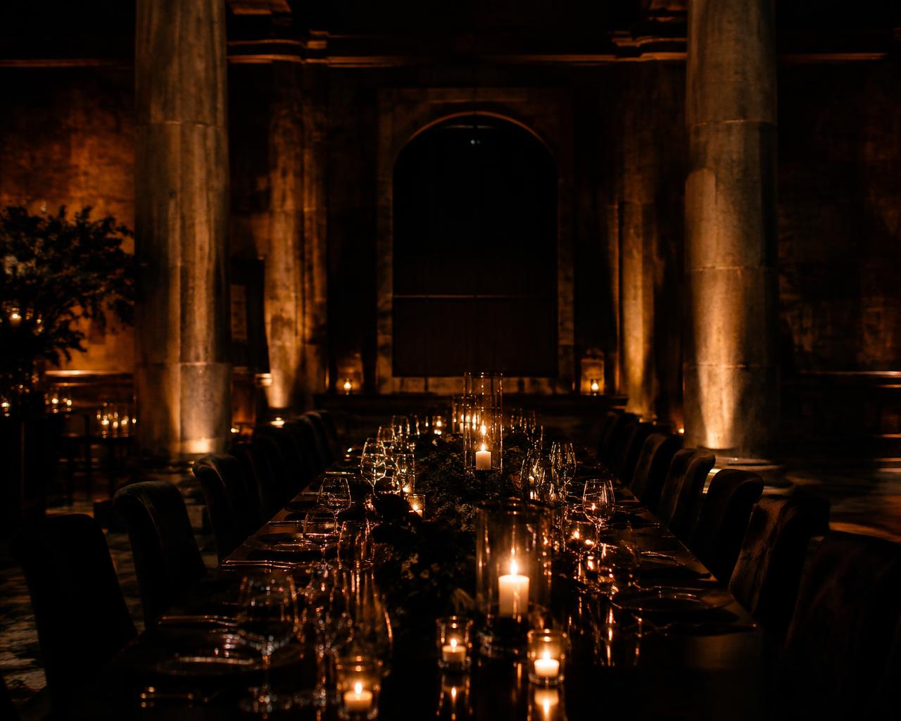 Cena a la luz de las velas en una sala histórica