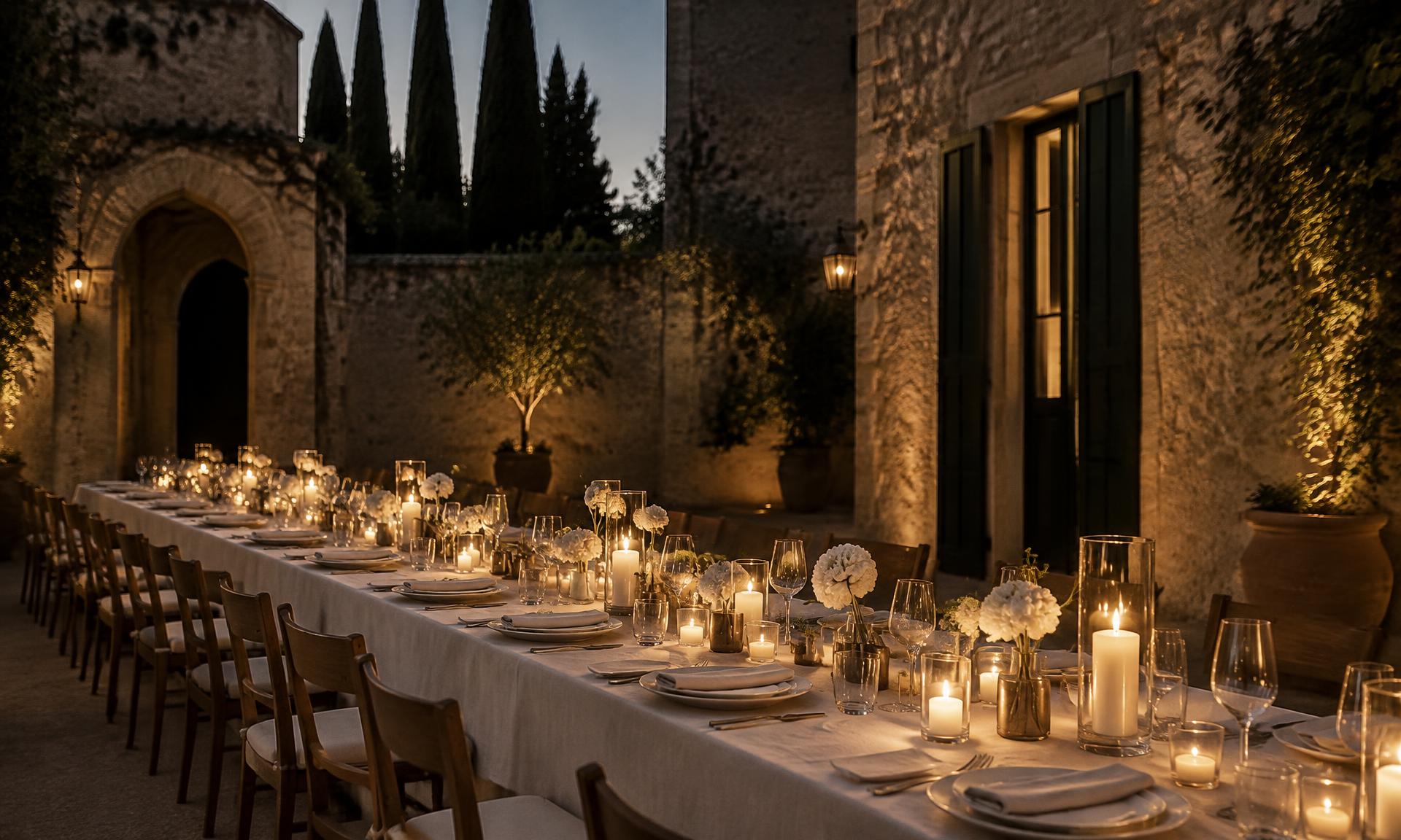 Mesa larga de cena al atardecer en un patio de piedra iluminado con velas